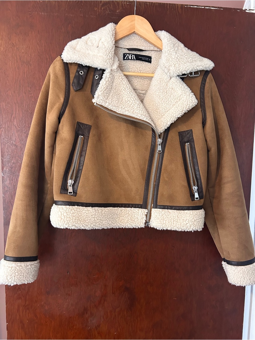 Zara Camel Brown Teddy Shearling Jacket with Cream Sherpa Lining